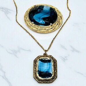 Vintage Sphinx Gold + Blue Givre Glass Faux Banded Agate Pendant Necklace Brooch
